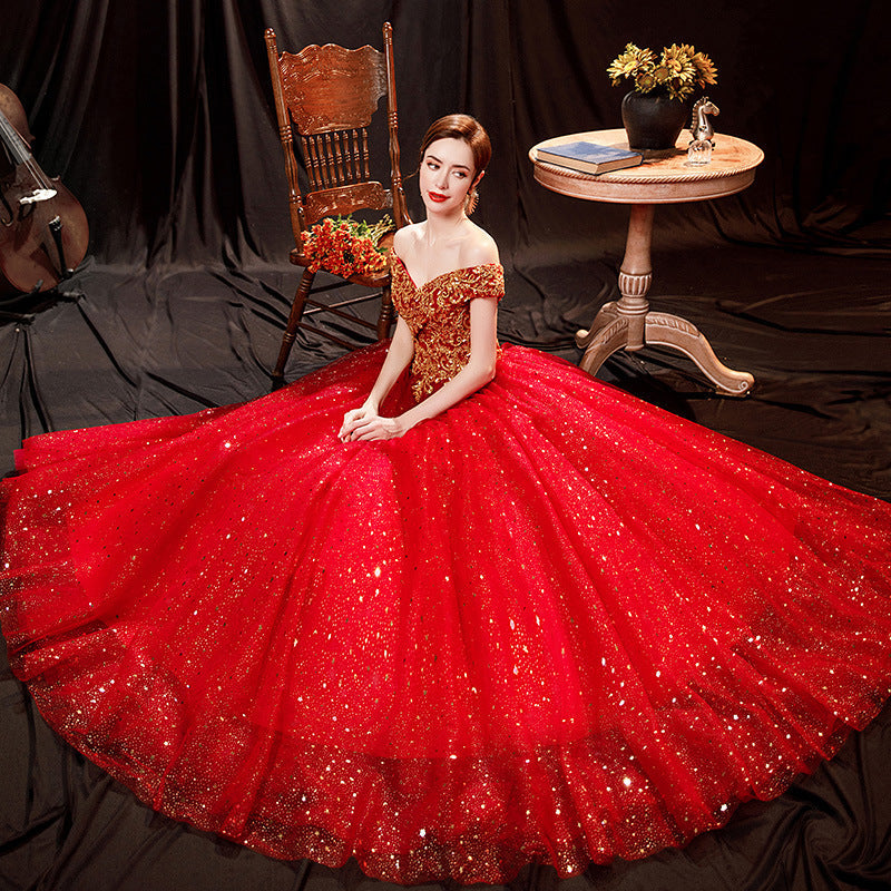 2025 New Dry Verted Gold Red Bride Wedding Toast Solo Stage Performance Evening Dress