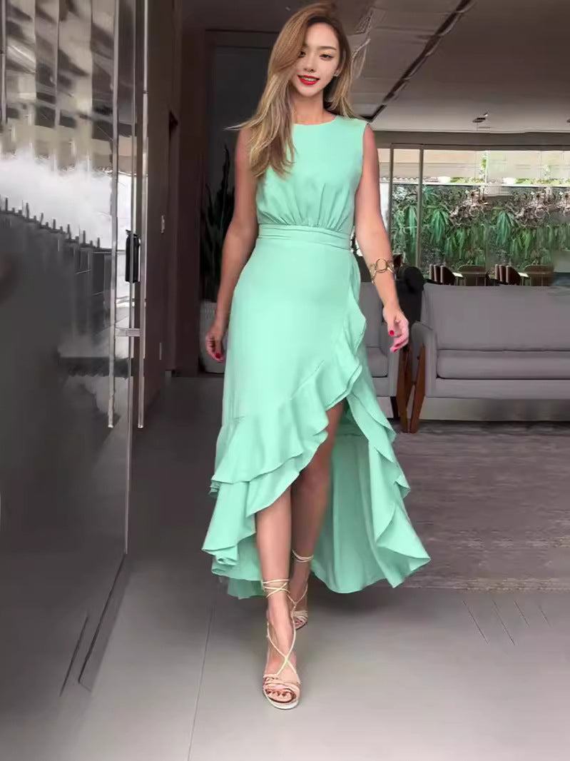 Fashion Round-Necked Wood-Less Solid-Colored Dress In Summer 2024