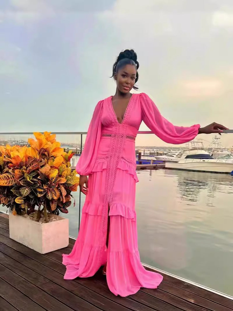 2024 Elegant Splicing Long-Sleeved V-Neck Dress Women's Long Dress