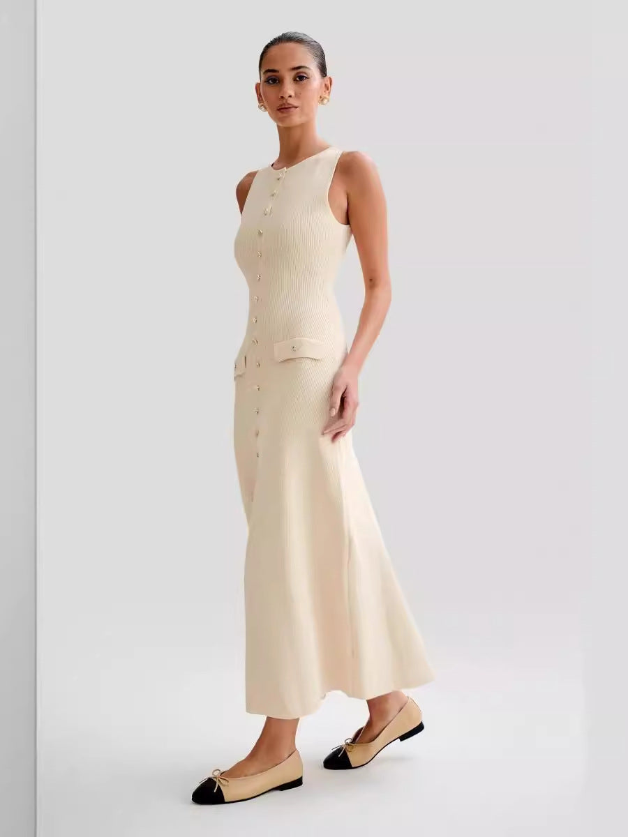 Summer New Temperament Sleeveless Round Collar Knitted Dress