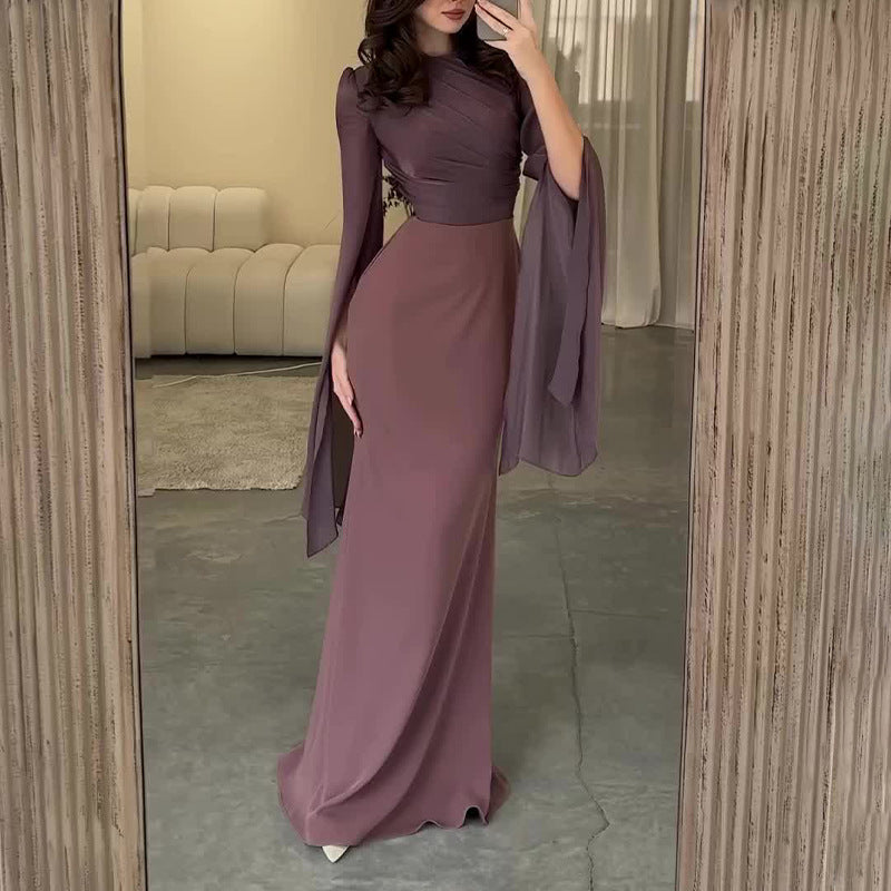 And Autumn 2024 Solid Color Splicing Big Swing Sleeve Collar Body Repair Dress Dress