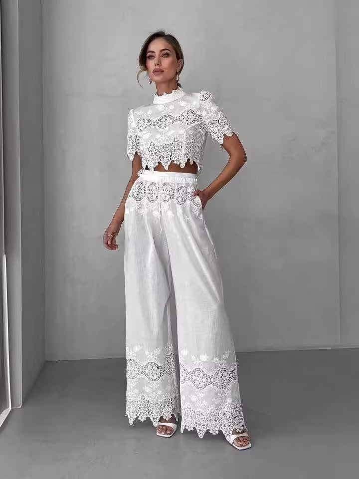 Collar Short-Sleeved Lace Top + Tight Waist Tie With Lace Spliced Wide Leg Trousers Set Woman