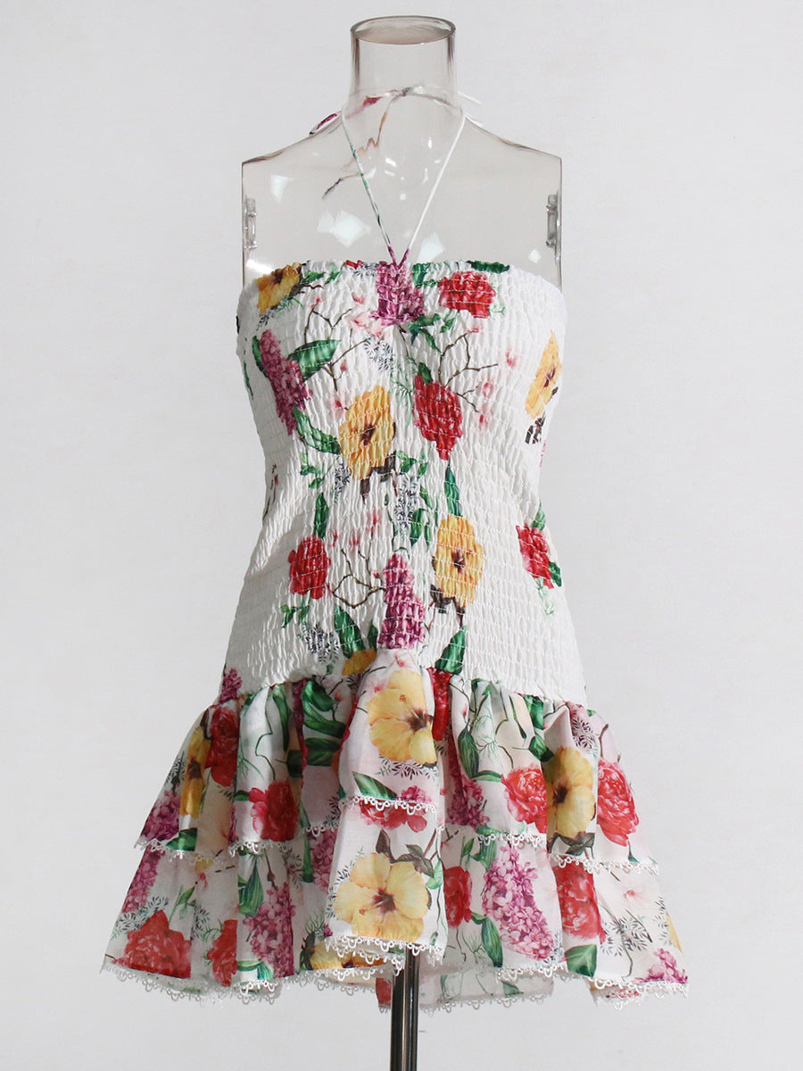 Holiday Wind 2025 Summer New Breast-Scaring Necked Neck Design Short-Height Bullet Short Dress