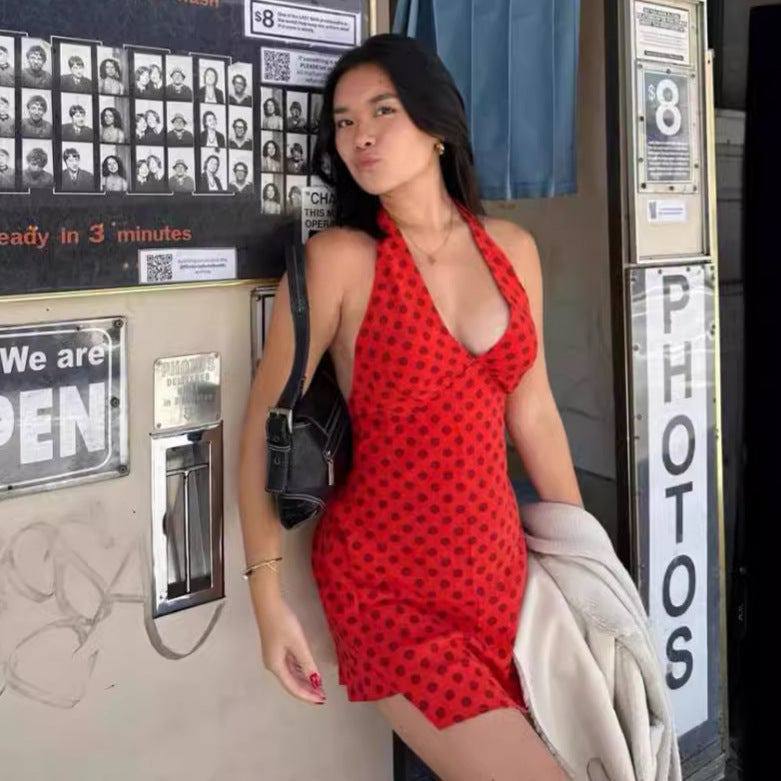 Niche Hanging Neck Sling Dress Sexy V Collar Bare Red Wave Point Hottie Holiday A Short Skirt