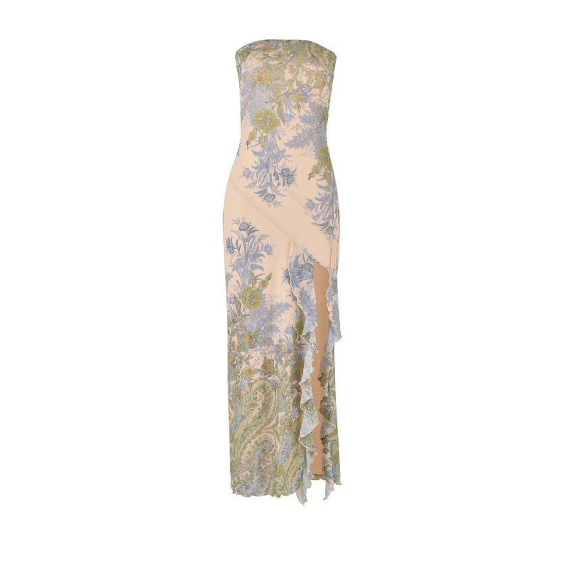 New Holiday Style Printed Floral Dress Open Long Dress Hot Girl Breast Skirt HZ0628