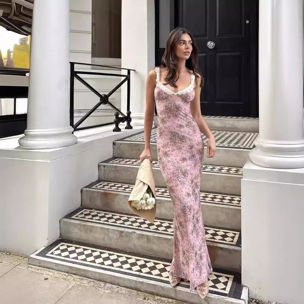 Fragmented V-Neck Folded Slings Slim Dress Woman 2024 Early Spring New Seaside Holiday Dress