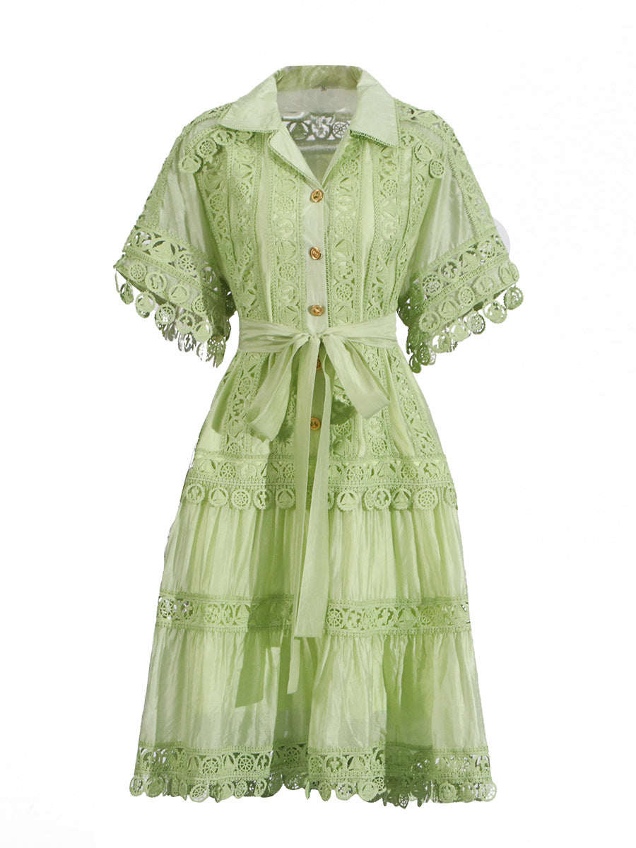 Temperament Vintage Short Dress 2025 Summer New Collar Embroidered Hollow Lace Dress Dress Woman