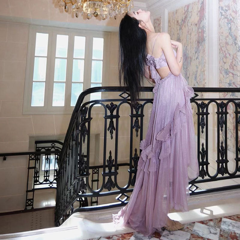 Summer New Net Red With The Same Purple Bare Back Strap Irregular Dress Seaside Vacation Sling Skirt