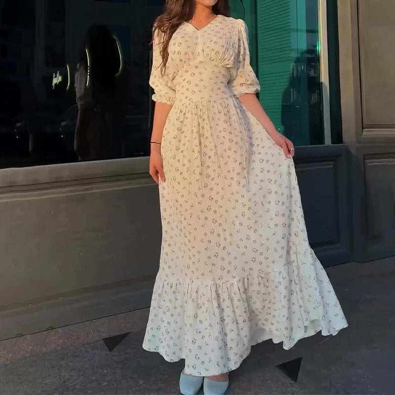 Women's Summer V-Neck Lantern Half-Sleeved High-Waisted Temperament Splicing Dress