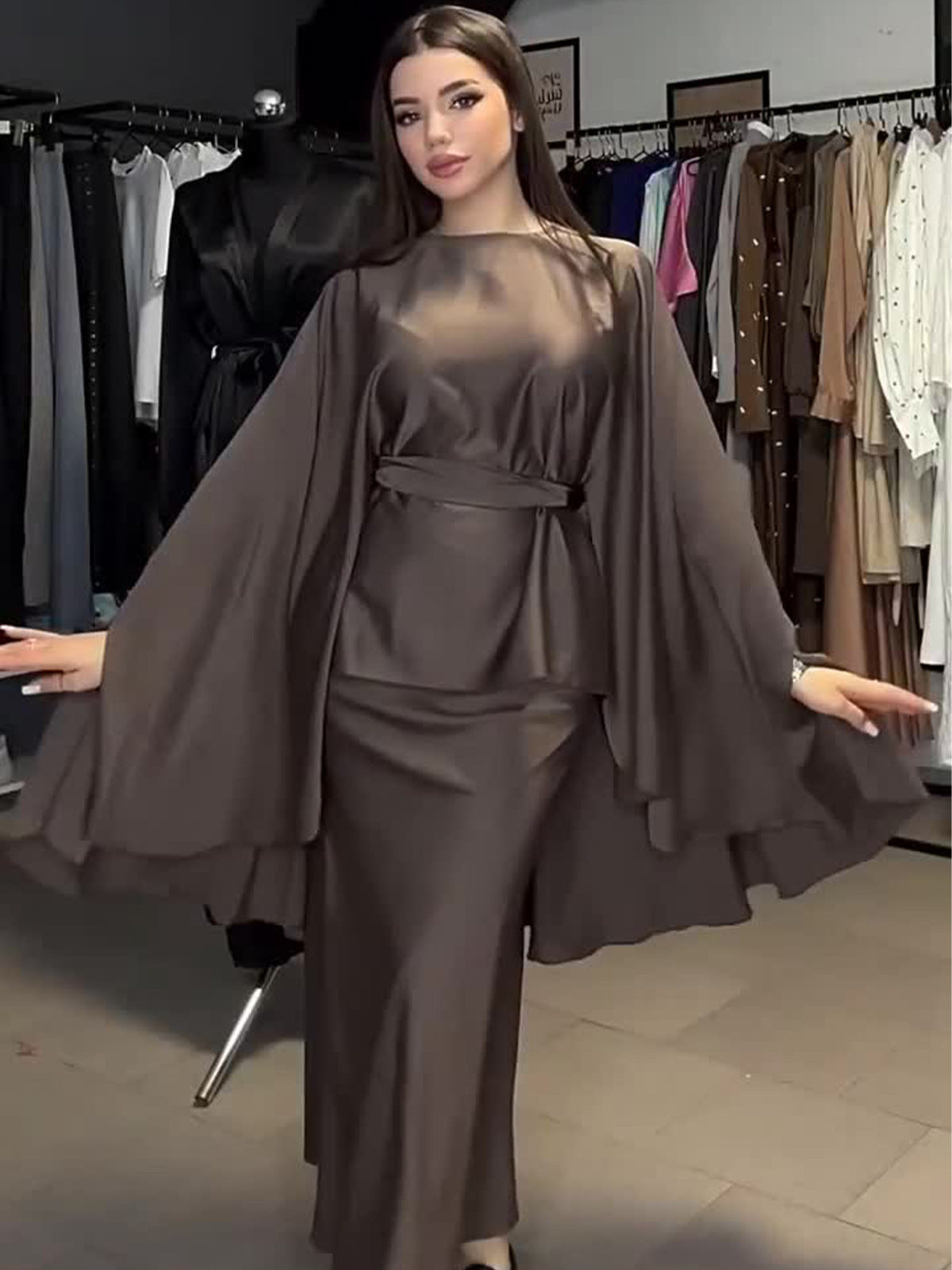 2024 New Round-Neck Long-Sleeved Dress Bat Sleeve With Waist-Hanging-Sense-Sensed-Sense-Sensed Set