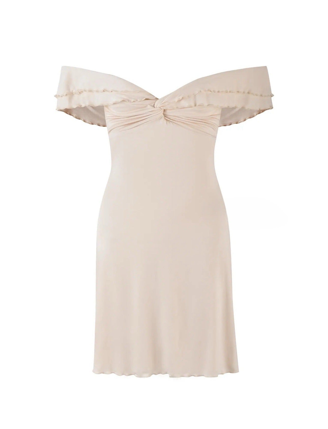 Sexy One-Word Hanging Shoulder-Wielt Tective Dress Spring And Summer Twinning Lotus Side Sleeves And Hips Mini Short Skirt