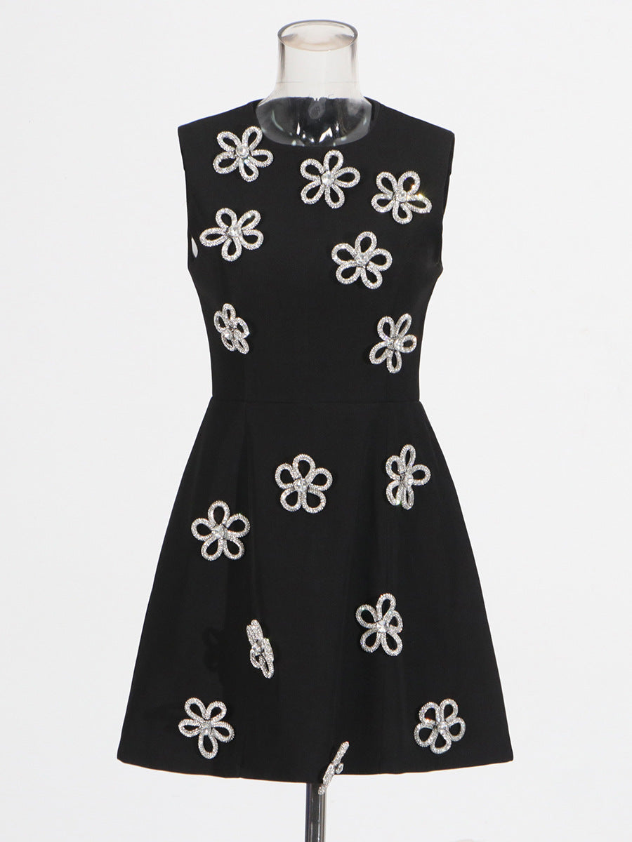 Elegant Wind Vest Dress 2025 Summer New Round Neck Nail Diamond Flowers Solid Color Short Dress Dress Woman