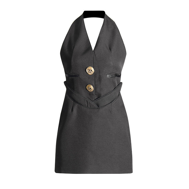 Temperament V-Neck Hanging Neck Dress Chicly Sexy Body-Claw-Dressed Button-Up Suit Dress Dress Women's Dress