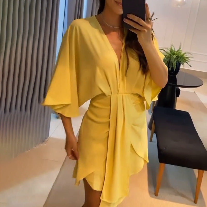 Summer New Women's Fashion V-Neck Simple Irregular Dress