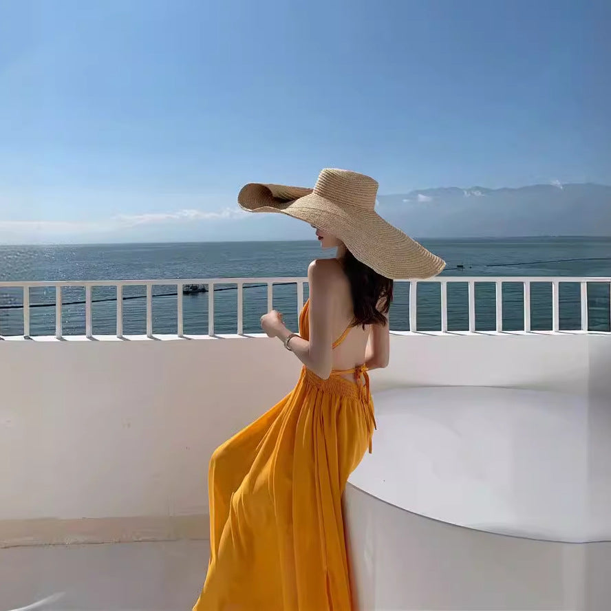 Holiday Super Fairy Chiffon Dress Showing Thin Yellow Sexy Big Dew Back Sanya Bali Tourist Beach Dress