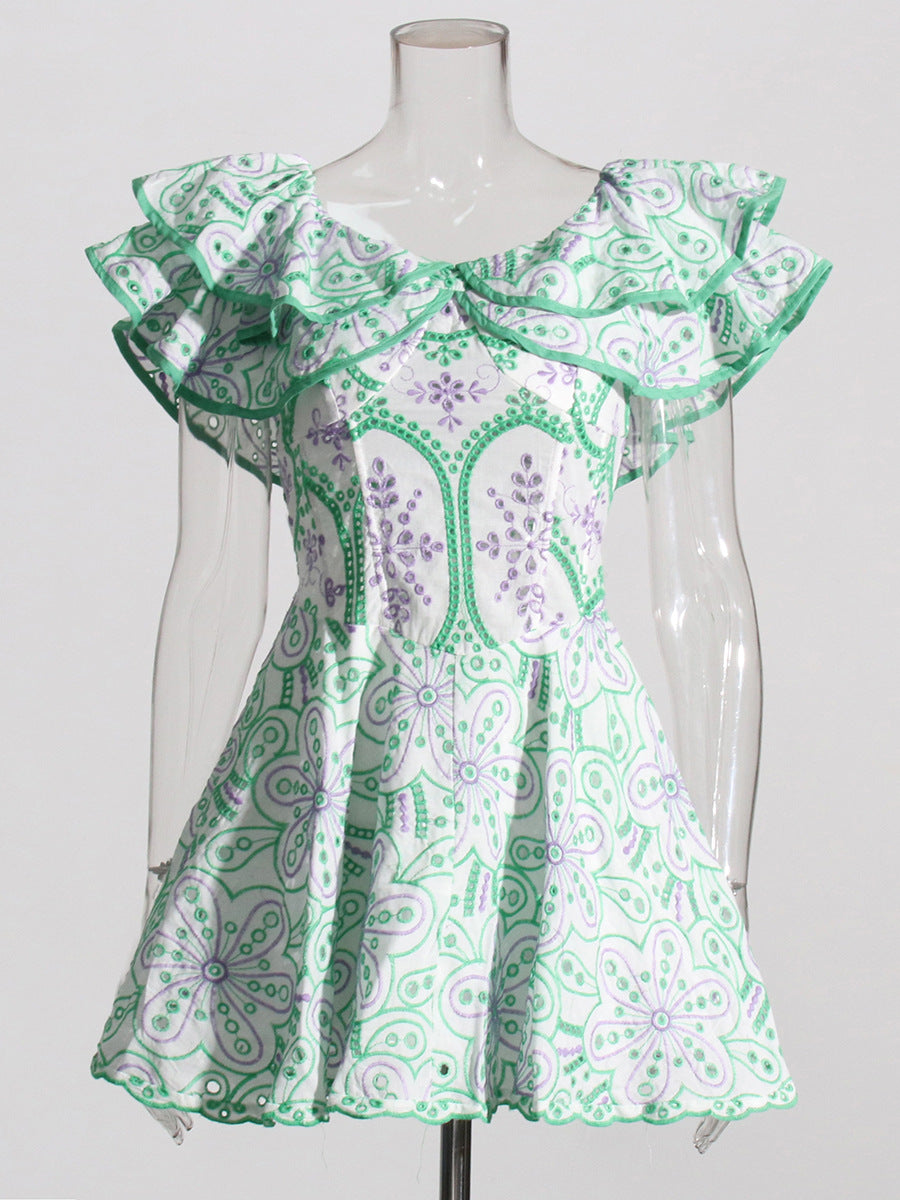 Bohemian Short Dress 2025 Spring New Word Collar Leaves Embroidered Hollow Dress Woman