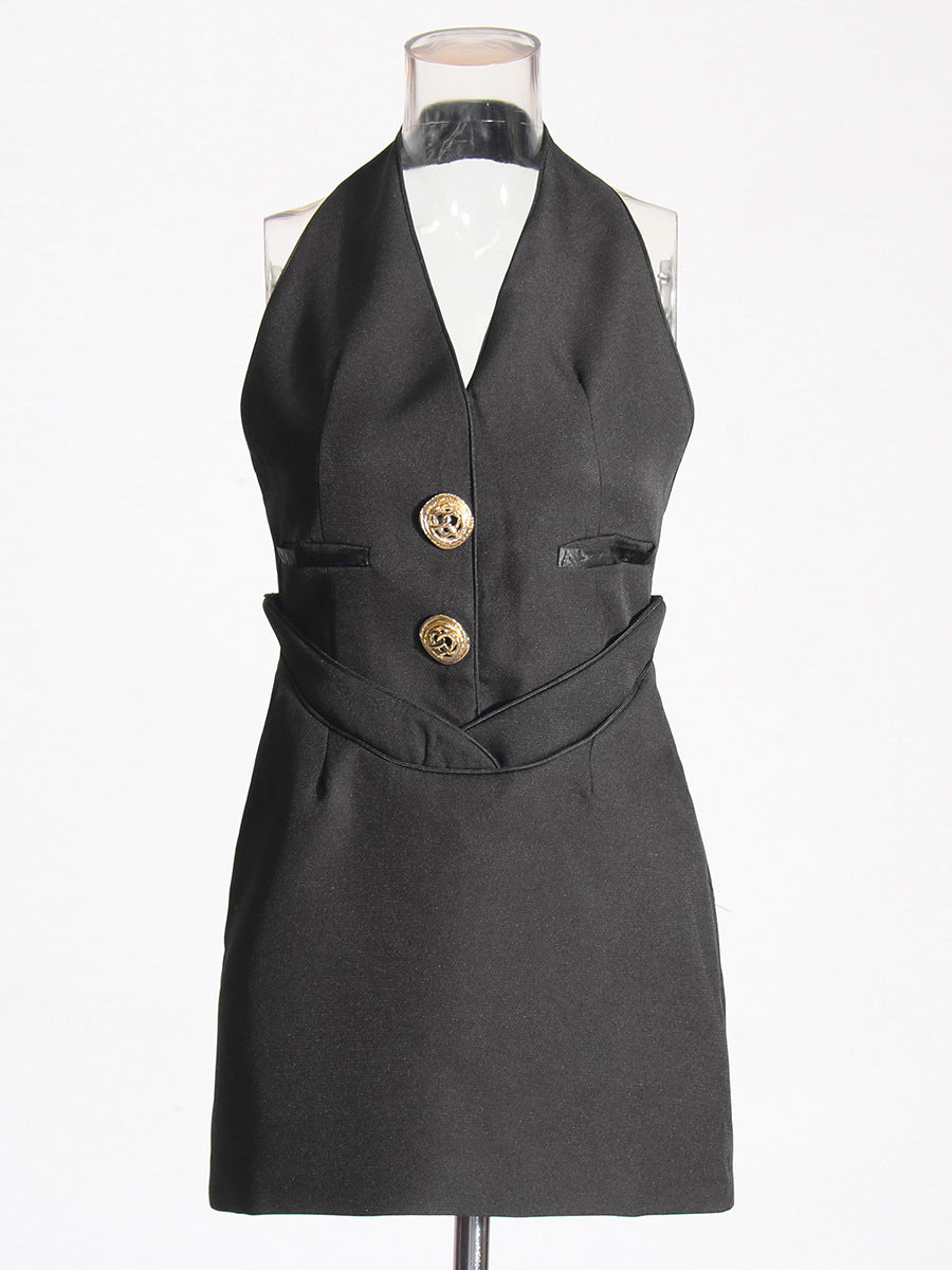 Temperament V-Neck Hanging Neck Dress Chicly Sexy Body-Claw-Dressed Button-Up Suit Dress Dress Women's Dress