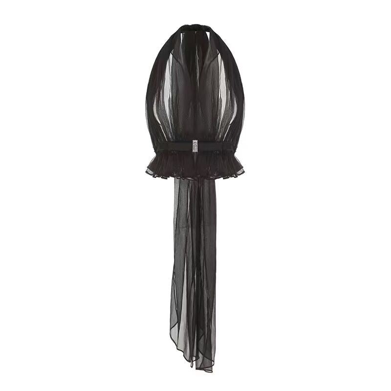 Set Club Shop Sexy Hanging Neck Collar With Short Top + Folded Pocket Hip Skirt Skirt