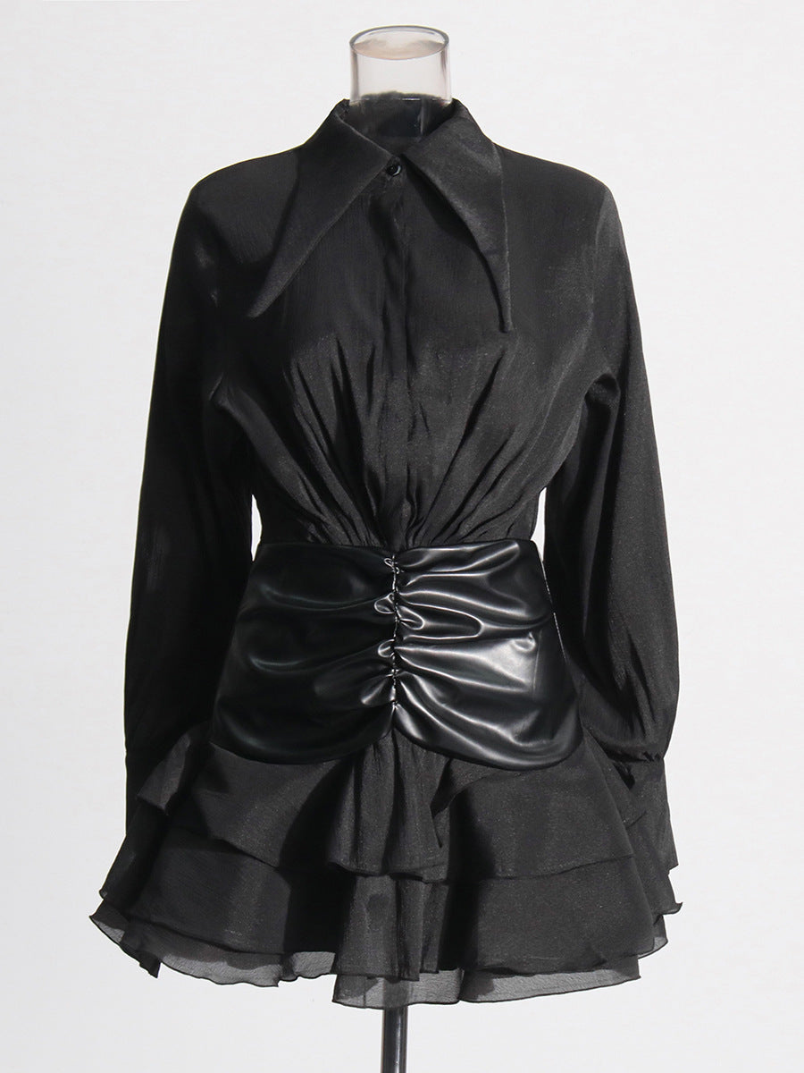 Temperament Sister Style Dress Woman 2025 Summer High-Grade Folded Long Sleeve High-Waisted Leaf Side Short Dress Women's Dress