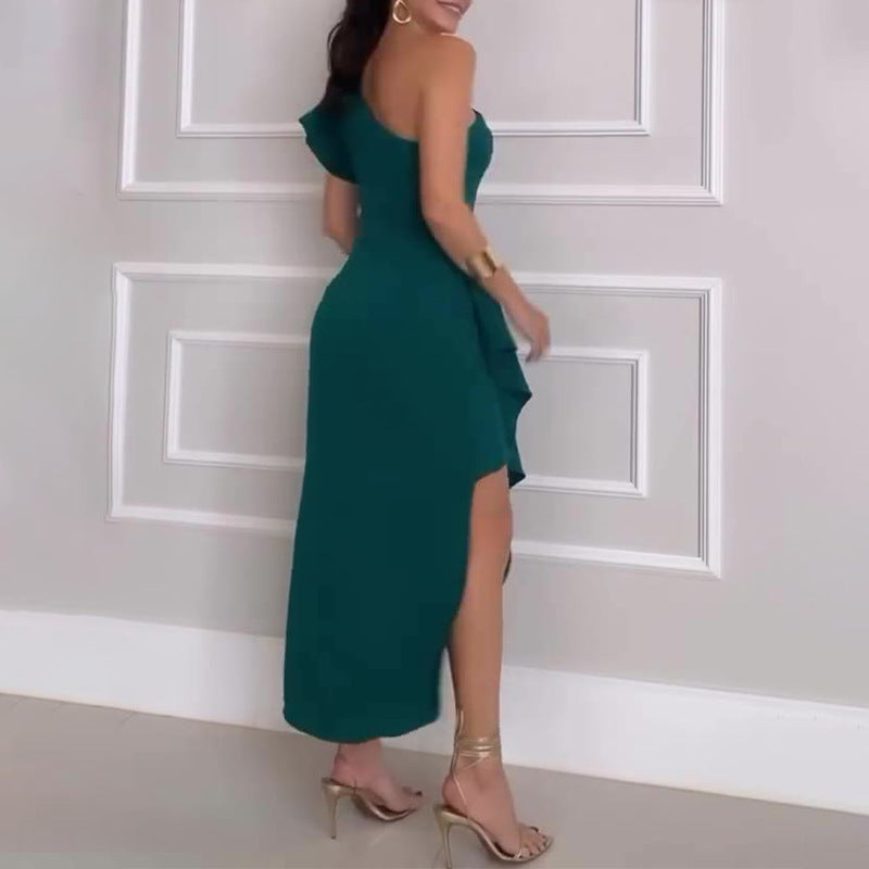 Summer Slanted Shoulder Dress High-Waist Irregular Open Fork Sexy Long Dress Girl