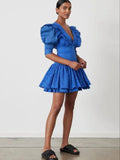 Style Sexy Deep V-Dressed With Lotus Leaf Side Bubble Sleeves Short-Sleeved Blue Dress Dress Dress Short Dress Woman