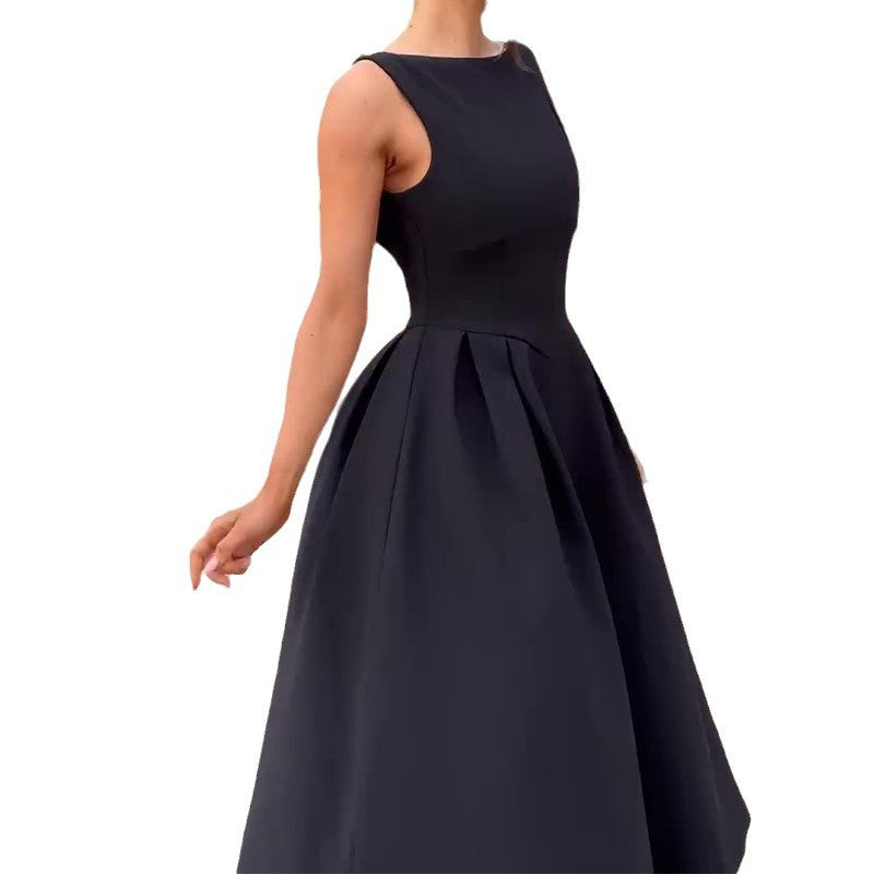 Women's Hepburn Style Solid Round-Neck Sleeveless Dress In Autumn 2024
