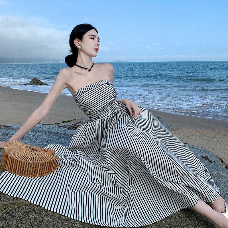 Summer New One-Word Collar Folds To Repair Height Waist A-Shaped Skirt Striped Beach Dress Woman
