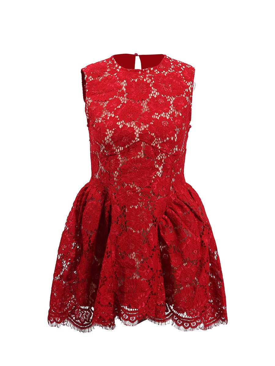 Elegant Style Lace Flower Sleeveless Short Dress 2025 New Round Neck Waist High-Waisted Dress Women's Summer