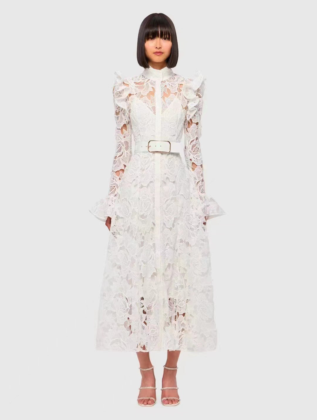 French Retro Elegant Style Embroidery Dress Collared Cardigan High-Waist A-Shaped Dress