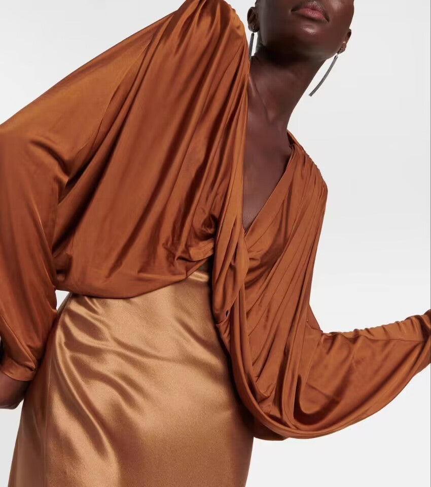 Autumn Street Fashion Trend Sexy Deep V Kinesi Folded Temperament Bat Top Woman