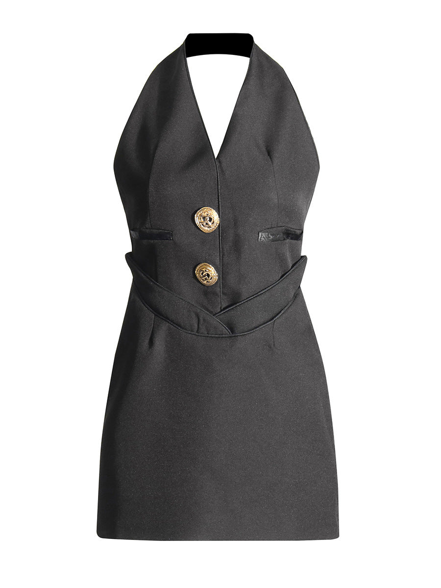 Temperament V-Neck Hanging Neck Dress Chicly Sexy Body-Claw-Dressed Button-Up Suit Dress Dress Women's Dress