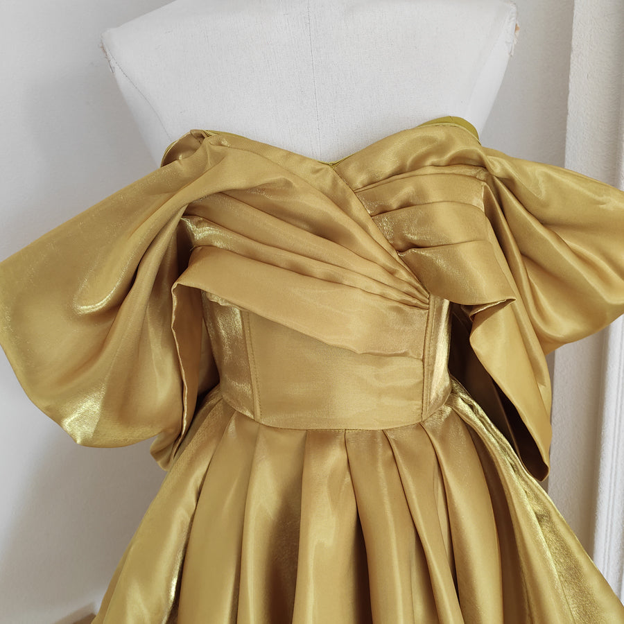 A line Off The Shoulder Yellow Satin Travel Vacation Dresses Short Birthday Dress SD1249