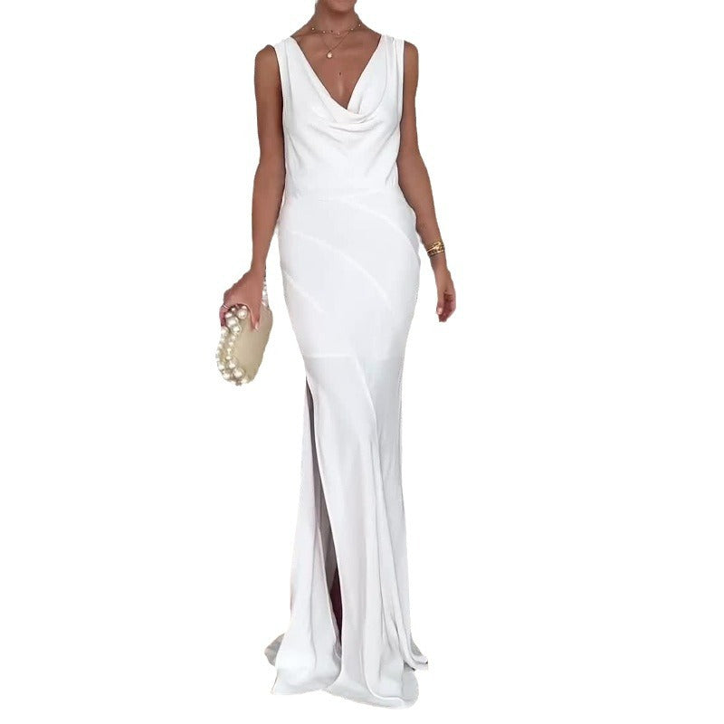 2024 Women's Sexy Beach Wind Hanging Neck Deep V Bare Back Strap Long Textured White Dress