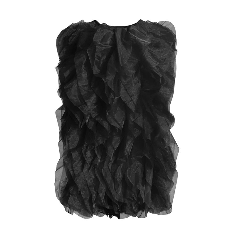 Temperament Thin Dress Women's Dress 2025 Spring New Sleeveless Wood Ear Folding Mesh Cake Skirt