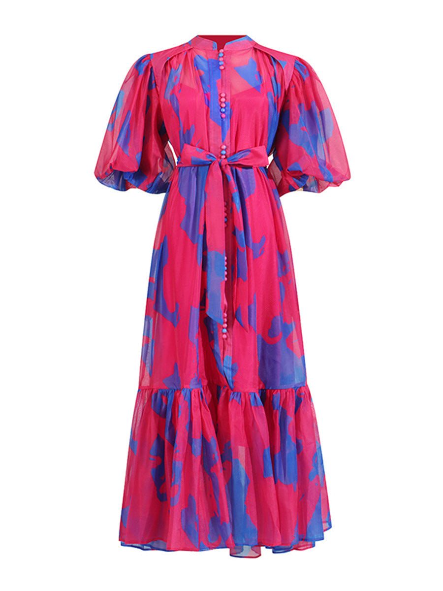 And Leisure Holiday Dress 2025 Summer New Loose Print Bubble Sleeve Tie Waist Dress
