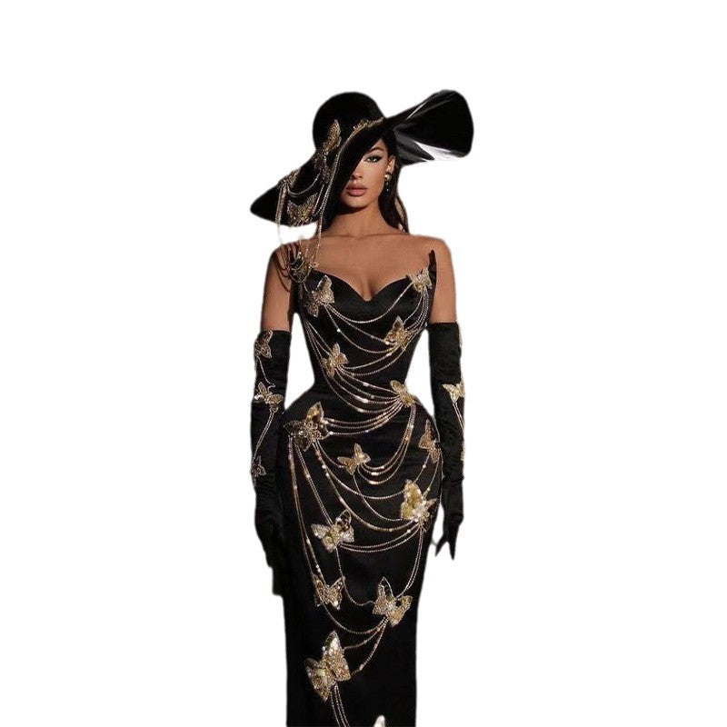 Body Golden Butterfly A Diamond Chain Dress Sexy Breast Repair Velvet Party Dress