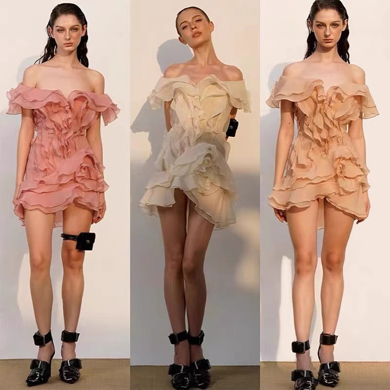 And Summer 2025 Spring And Summer Petal Lotus Leaf Side Shoulder Dress V Collar Short Skirt
