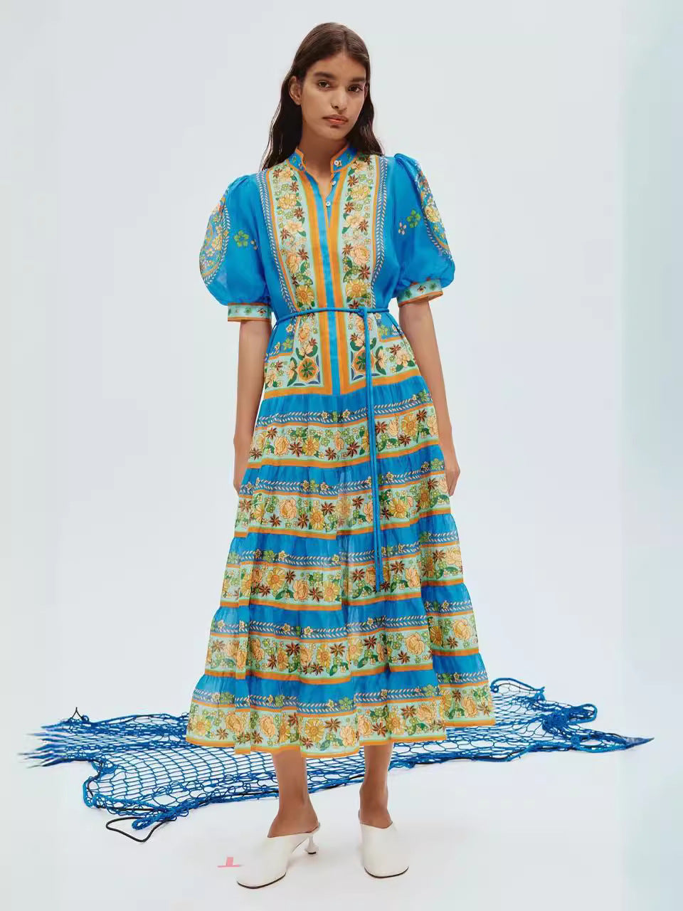 Autumn New French Retro Printing Splicing Process Single Buckle Belt Belt Waist Long Dress Dress Woman