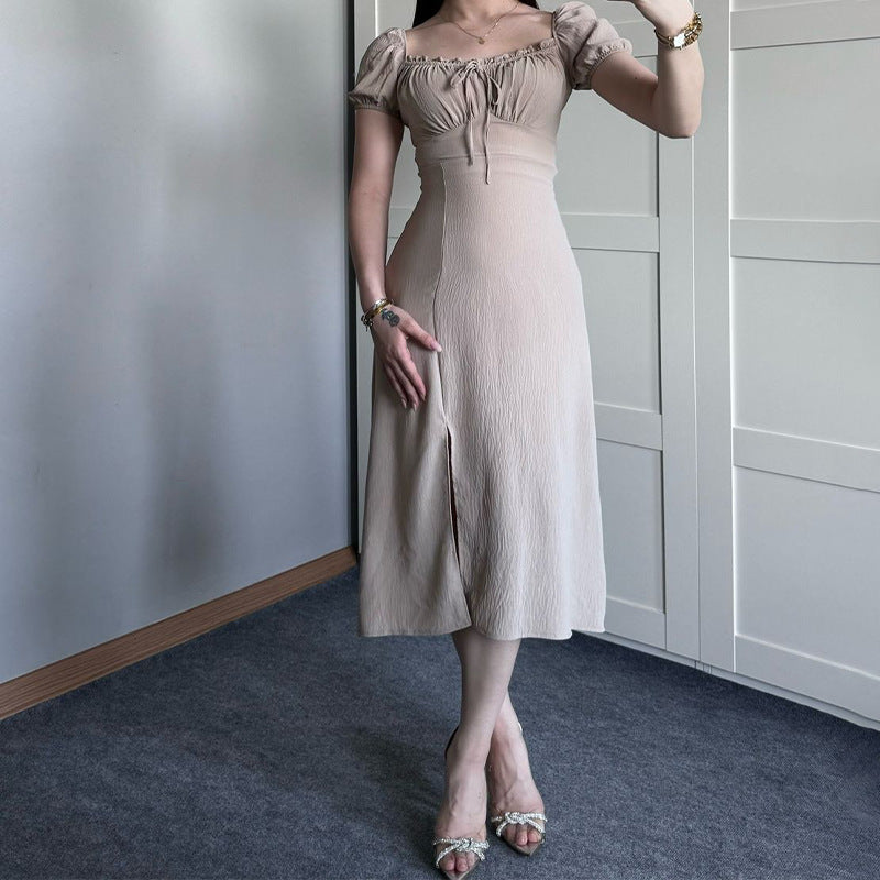 Women's Summer Collar Bubble Sleeve With High Waist Repair Fork Sexy Long Dress