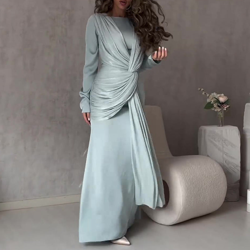 Women's New Autumn Collar Collar Overlapping Design Dress Dress High-Rise Collar With Long Skirt