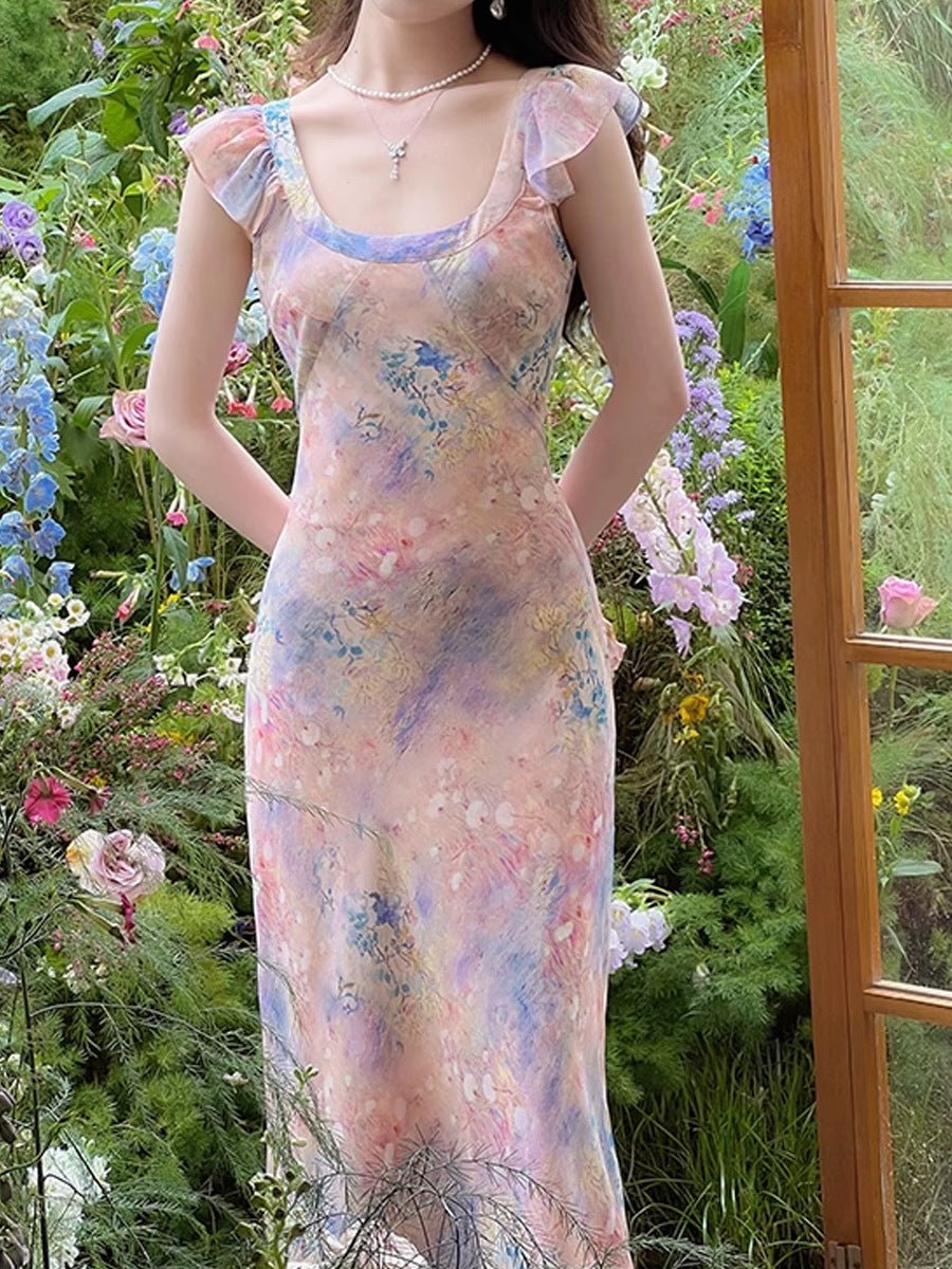 Oil Painting Pink Dress Women's New Summer Temperament To Collect Waist Thin Sling Skirt Holiday Long Broken Floral Dress HZ0628