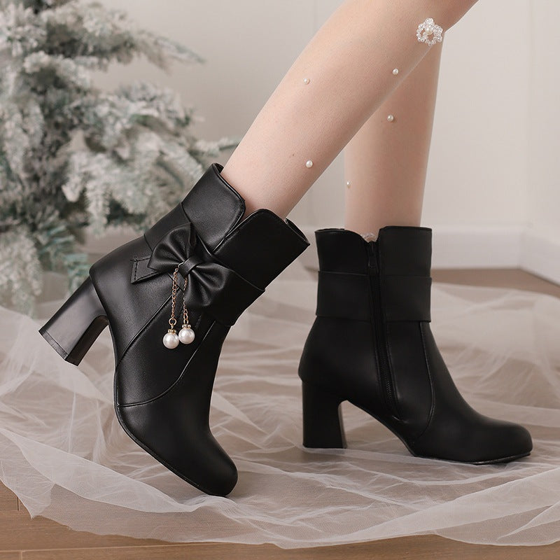 Size Women's Shoes Bows Coarse And Short Boots Women's Korean Version Of High Heel Boots High Quality Shoes