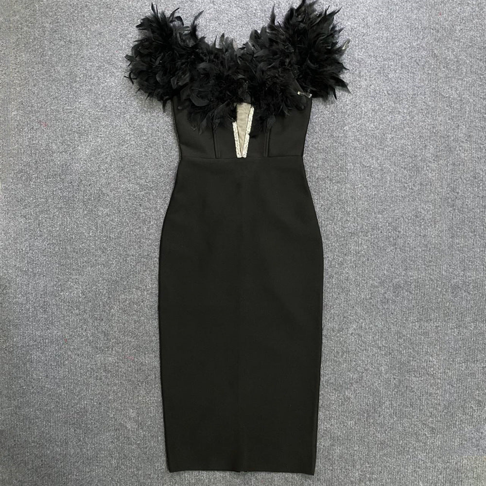 Women's Fashion Feathers Diamond Bandage Dress Party Elegant Temperament Dress Dress Dress