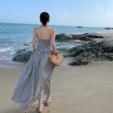 Summer New One-Word Collar Folds To Repair Height Waist A-Shaped Skirt Striped Beach Dress Woman