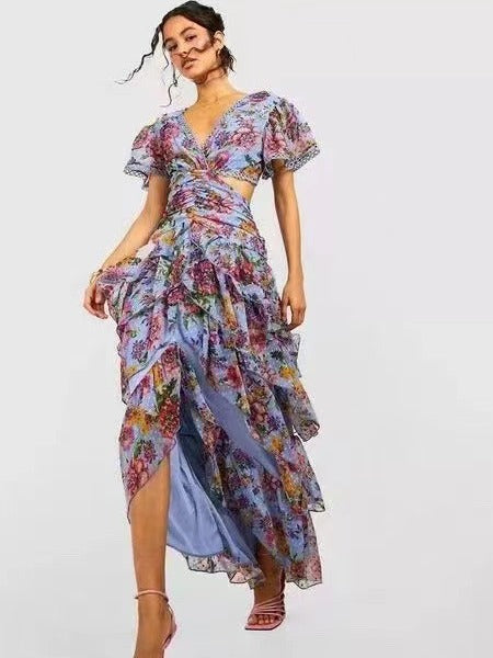 Niche 2025 Spring And Autumn V-Necked Lotus Leaf Side Splicing Skirt Sexy Loaf Long Dress Woman