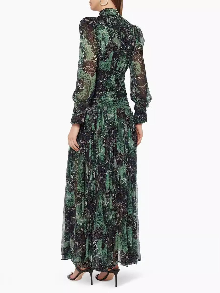 Trendy Goddess Design Fashion Acetyle Silk Silky Print High Open Fork Seaside Holiday Dress