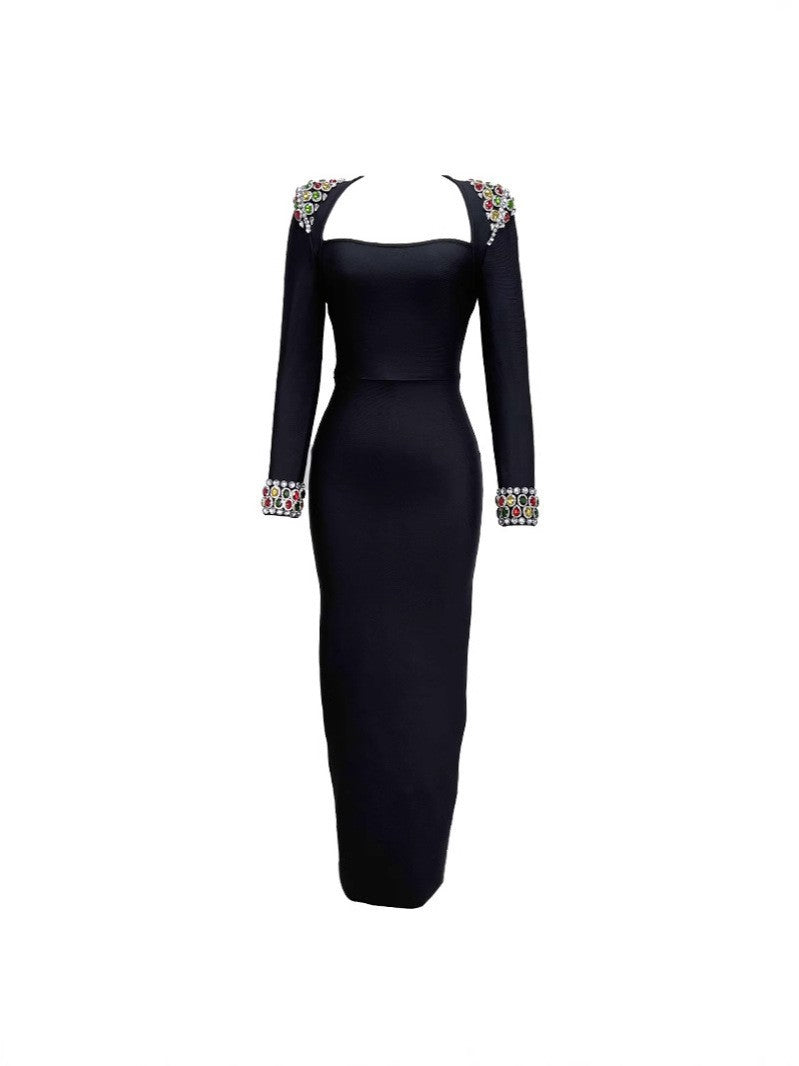 Autumn/Winter Dress French Women's Dress Handmade Color Diamond Long-Sleeved Collar Knitted Evening Dress