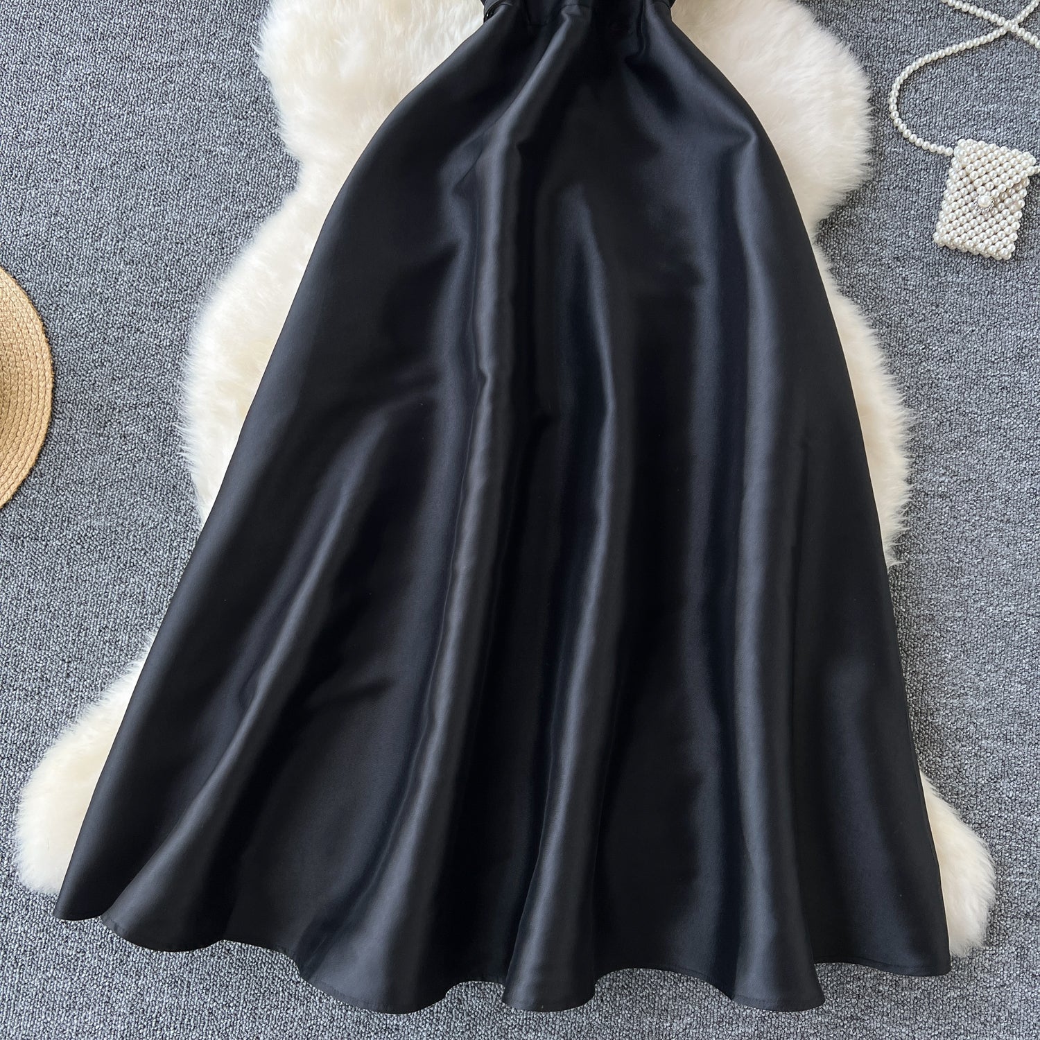A line Straps Black Satin Holiday Dresses Midi Length Women's Dress SD1272