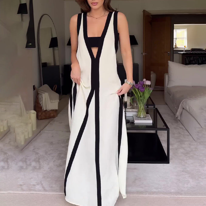Women's Summer Sexy V-Neck Wide Shoulder Collsion Casual Dress
