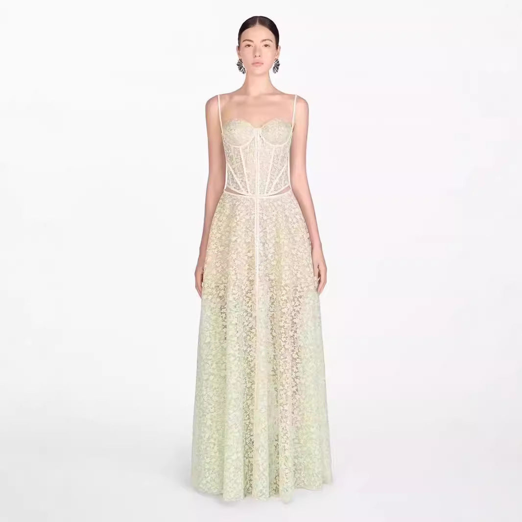 2025 Summer Lace Splicing Hollow Open Fork Slings Tsets Dress Woman